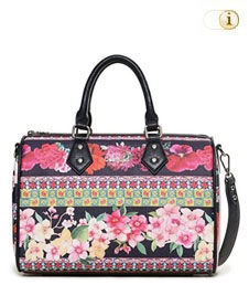 Bunte Handtasche 'Bowling' mit großflächigem floralen Muster. Grundfarbe: schwarz.