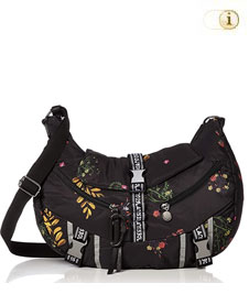 Handtasche mit buntem Blumenprint und Karabiner Reflexive. Farbe: schwarz.