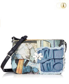 Kleine Schultertasche Kirby Amorgos mit Musterpatches im Jeanslook und Fransen. Farbe: blau.